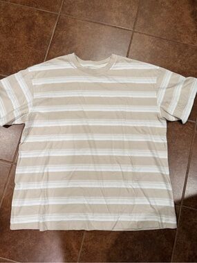 Old Navy Oversized Beige & White Striped Crew Tee